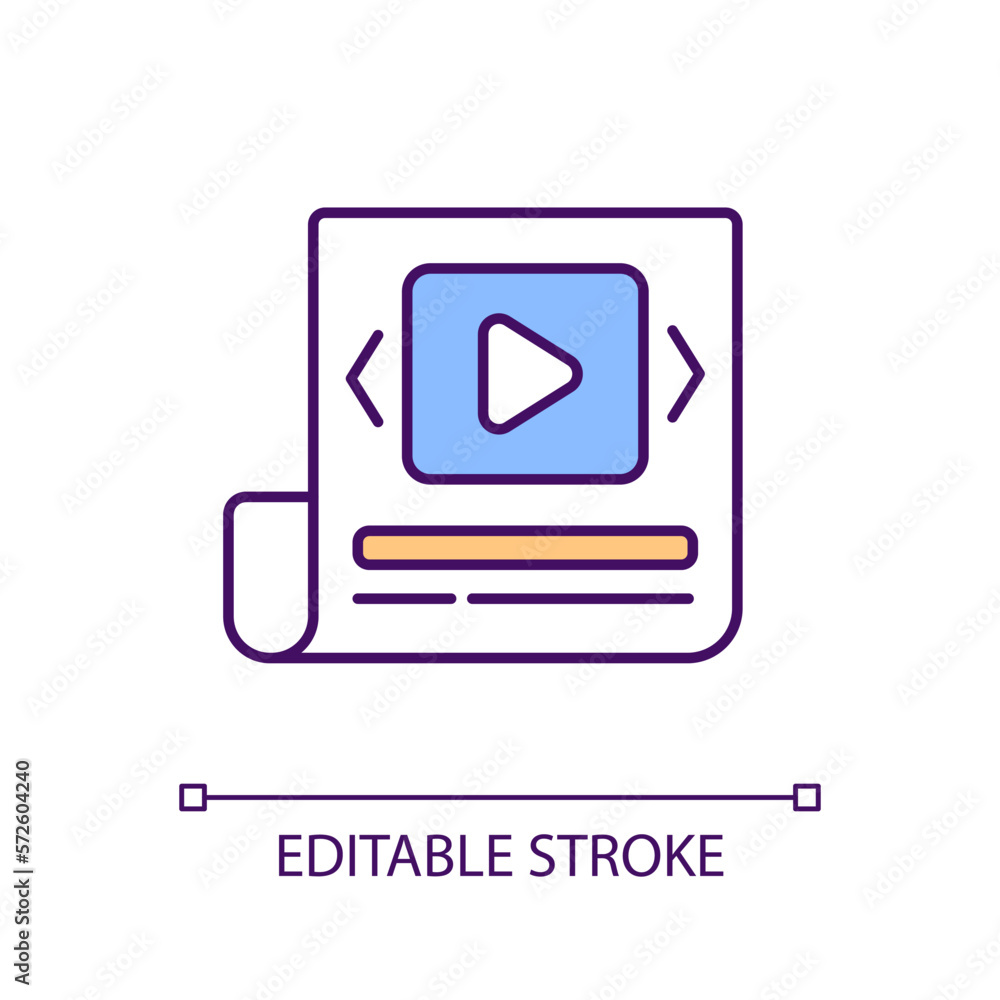 Poster video content for social media page rgb color icon. share movie on web page. visual information on i