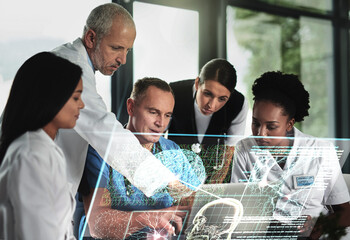Laptop, team work or doctors with 3d hologram of brain for neurology or anatomy or dna in hospital...