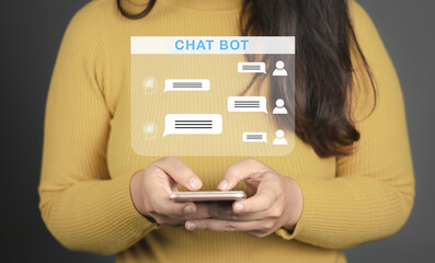 Chat Bot Chat with AI, Artificial Intelligence. woman using technology smart robot AI, artificial intelligence. Artificial intelligence system assist human decision making to accomplish task.