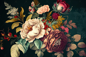 A beautiful fantasy vintage wallpaper adorned with various botanical flower bunches, featuring a vintage motif ideal for floral print digital backgrounds