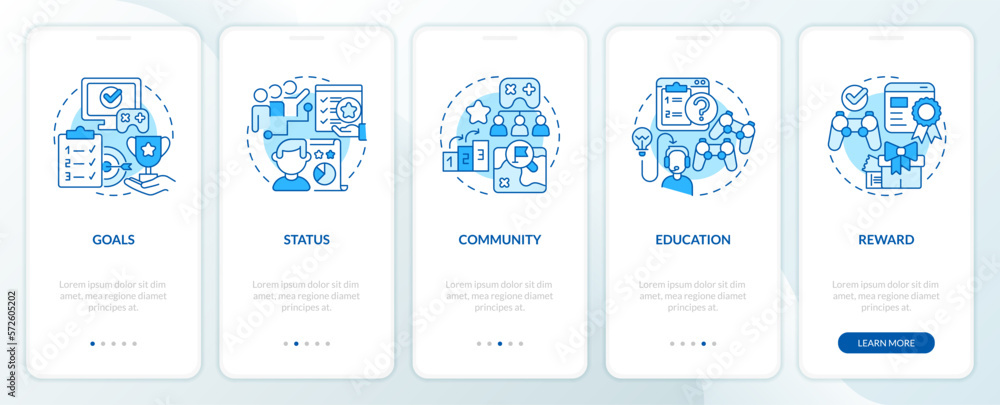 Poster game mechanics in gamification blue onboarding mobile app screen. walkthrough 5 steps editable graph