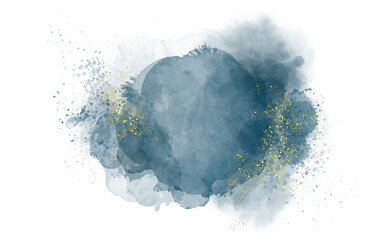 Pastel sky or blue watercolor brush stroke splash with luxury golden frame and glitter gold lines round contour frame for banner or logo wedding elements	
