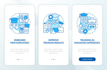 Gamification in corporate training blue onboarding mobile app screen. Walkthrough 3 steps editable graphic instructions with linear concepts. UI, UX, GUI template. Myriad Pro-Bold, Regular fonts used