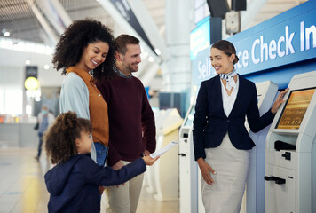 Woman, services agent and family at airport by self service check in station for information, help...