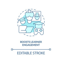 Boost learner engagement turquoise concept icon. Gamification benefits in e learning abstract idea thin line illustration. Isolated outline drawing. Editable stroke. Arial, Myriad Pro-Bold fonts used