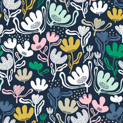Seamless botanical pattern wit colourful flowers on dark background. Vector floral texture. Vector illustration