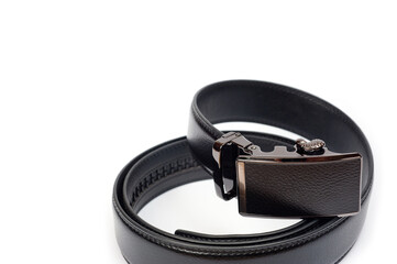 Men's black leather trouser belt with metal clasp.