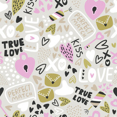 Seamless patterns with hearts, love lettering quotes and messages. Wedding and Valentines day texture. Vector illustration