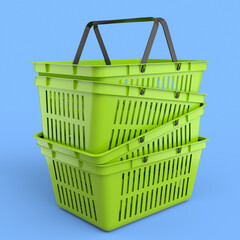 Stack of plastic basket from supermarket for online shopping on blue background.