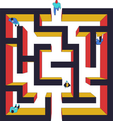 Square maze view from above. People in the labyrinth are looking for a way out.