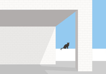 Illustration montrant un chat noir assis sur un mur, au milieu d’une architecture moderne.
