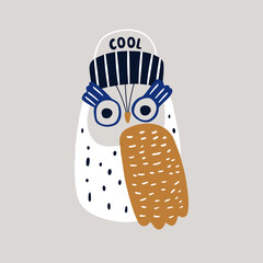 Cute cartoon owl bird in beanie hat. Creative owl character isolated. Great for poster, wall art, sticker, apparel print. Vector illustration.