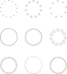 Stars of various sizes arranged in a circle.  Black star shape, round frame, border vector image
