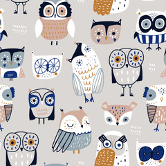 Seamless scandinavian style pattern with cute colourful owls. Childish hand drawn owl birds background. Ideal for fabrics, textiles, apparel, wallpaper. - 572607061
