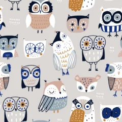 Zelfklevend Fotobehang Seamless scandinavian style pattern with cute colourful owls. Childish hand drawn owl birds background. Ideal for fabrics, textiles, apparel, wallpaper. © solodkayamari