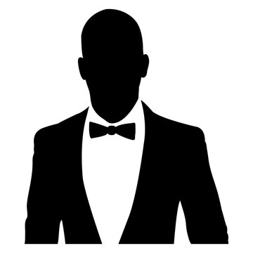 Icono avatar. Logo moda de caballero. Silueta aislada de hombre con esmoquin y corbat&iacute;n