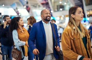 Travel, queue and smile with black man in airport for flight, vacation and immigration. Happy, international and customs with businessman in line with luggage for trip, holiday and first class