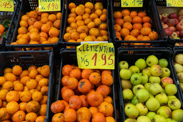 Fruit stand in the supermarket. with apples, tangerines, oranges and clementines. With signs indicating the price.