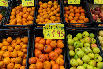 Fruit stand in the supermarket. with apples, tangerines, oranges and clementines. With signs...