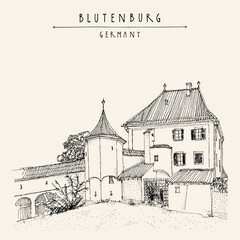 Vector Blutenburg castle postcard. Blutenburg Castle is an old ducal country seat in the west of Munich, Germany, Europe. Travel sketch. Book illustration. Vintage hand drawn touristic poster