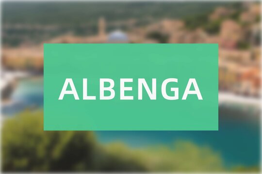 Albenga: Der Name der italienischen Stadt Albenga in der Region Liguria vor einem Hintergrundbild