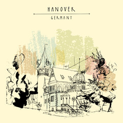Vector old town of Hanover, Germany, Europe postcard. Beautiful historical Art Nouveau building in a park. Freehand drawing. Travel sketch. Vintage touristic postcard, poster or book illustration