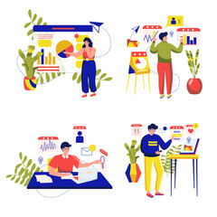 Business analysis set concept with people scene in the flat cartoon design. Business people analyzes important data and information about business company.