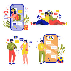 Naklejka premium People Use gadgets set concept with people scene in the flat cartoon design. Friends use different digital gadgets for communicates with a world.