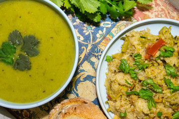 Courgette and coriander soup with tomato migas.