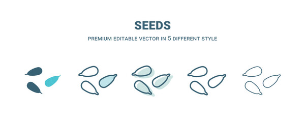 seeds icon in 5 different style. Outline, filled, two color, thin seeds icon isolated on white background. Editable vector can be used web and mobile