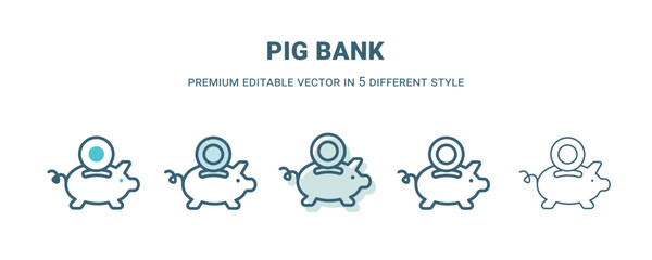 pig bank icon in 5 different style. Outline, filled, two color, thin pig bank icon isolated on white background. Editable vector can be used web and mobile