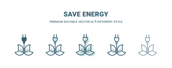 save energy icon in 5 different style. Outline, filled, two color, thin save energy icon isolated on white background. Editable vector can be used web and mobile