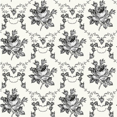 Fototapeta premium Seamless classic pattern. Beautiful pink flowers isolated textile. Vintage background realistic Damascus flowers Roses Drawing engraving Freehand Wallpaper baroque. Vector victorian style Illustration