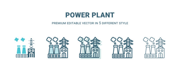 power plant icon in 5 different style. Outline, filled, two color, thin power plant icon isolated on white background. Editable vector can be used web and mobile