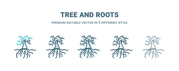 tree and roots icon in 5 different style. Outline, filled, two color, thin tree and roots icon isolated on white background. Editable vector can be used web and mobile