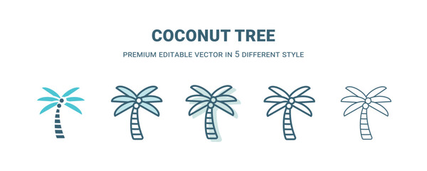 coconut tree icon in 5 different style. Outline, filled, two color, thin coconut tree icon isolated on white background. Editable vector can be used web and mobile