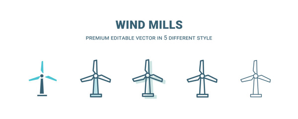 wind mills icon in 5 different style. Outline, filled, two color, thin wind mills icon isolated on white background. Editable vector can be used web and mobile