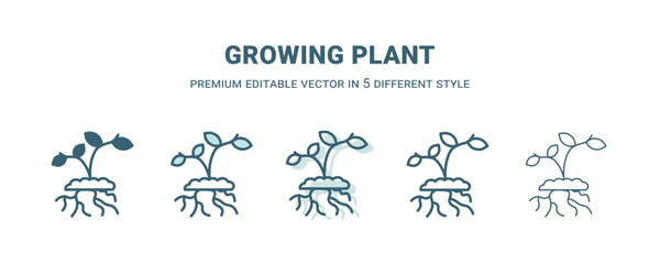 growing plant icon in 5 different style. Outline, filled, two color, thin growing plant icon isolated on white background. Editable vector can be used web and mobile