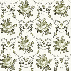 Seamless classic pattern. Beautiful pink flowers isolated textile. Vintage background realistic Damascus flowers Roses Drawing engraving Freehand Wallpaper baroque. Vector victorian style Illustration