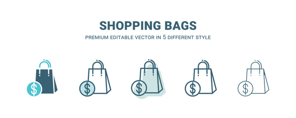 shopping bags icon in 5 different style. Outline, filled, two color, thin shopping bags icon isolated on white background. Editable vector can be used web and mobile