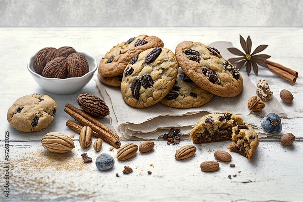 Poster a white table covered with cookies, almonds, and dates generative ai