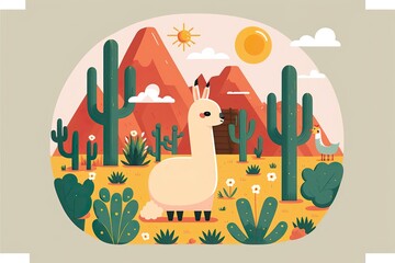 Obraz premium Cute lama flat illustration created with Generative AI 