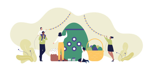 Easter egg concept. Vector modern flat illustration. Diverse family of african man, woman, boy and girl paint egg isolated on white. Design for happy easter day holiday, poster, invitation card.