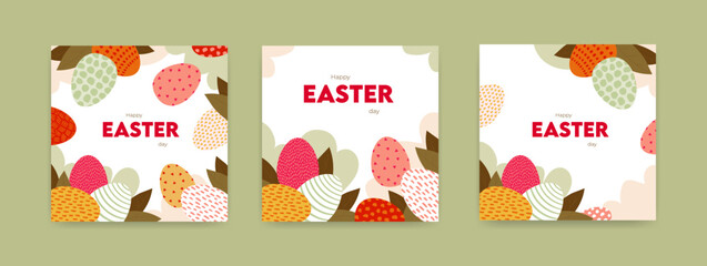 Easter egg greeting card collection. Vector modern flat illustration set. Square banner template. Bright colorful eggs. Design for happy easter day holiday, poster layout.