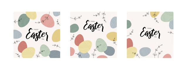 Easter egg greeting card collection. Vector modern flat illustration set. Square banner template. Pastel colorful eggs. Design for happy easter day holiday, poster layout.