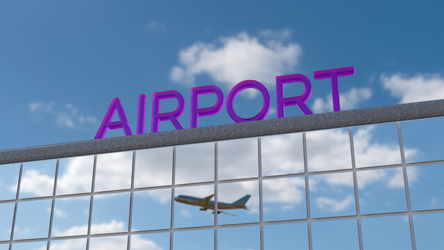 Airport. Travel concept. The plane takes off in the reflection of the airport building. 3d rendering