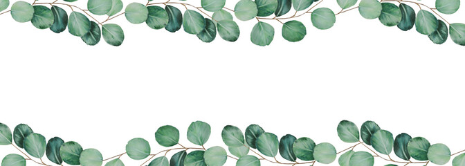 Eucalyptus watercolor border. Hand painting clipart on an isolated background. Print for wedding invitation, designers, decoration, textile, poster, scrapbooking, card, invitation, tags, printing