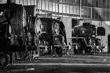 historical steam locomotives waiting at night for a new day