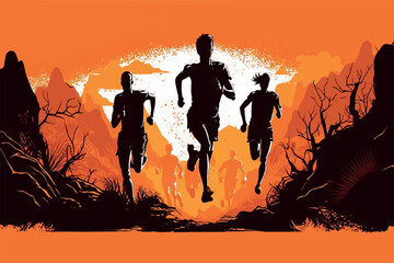 Running silhouettes. Vector illustration, Trail Running, Marathon runner - obrazy, fototapety, plakaty