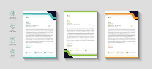Business letterhead, Letterhead template with various colors, Letterhead template in flat style, Modern company letterhead template design
